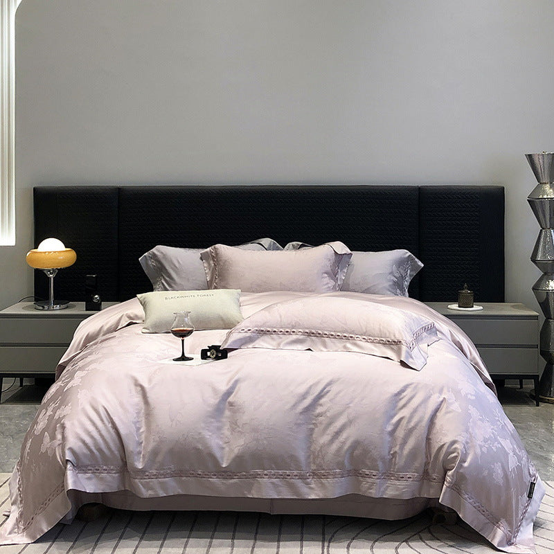 Premium cotton satin bedding set with fine jacquard floral texture and piped border