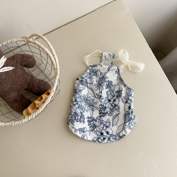 Floral Cotton Baby Halter Romper with Sheer Ribbon Shoulder Ties