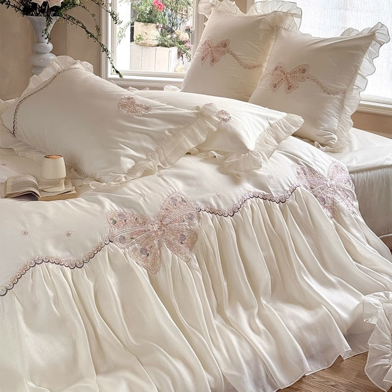 Ruffled Embroidered Bow Duvet Cover Set with Pleated Bed Skirt