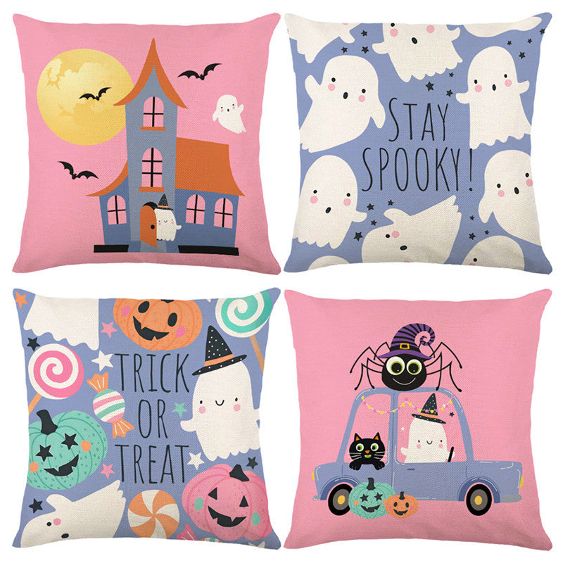 Halloween Ghost Cotton-Linen Square Throw Pillow Covers Set with Hidden Zipper