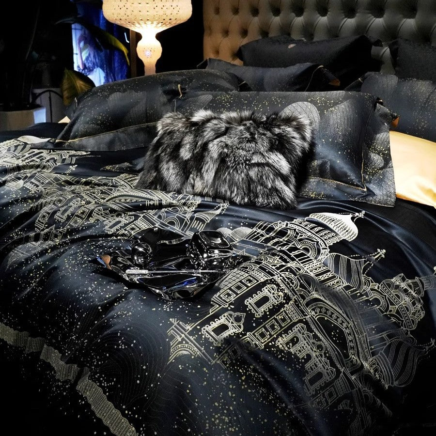 Silk-Effect Cityscape Duvet Cover Set with Metallic Foil Detailing