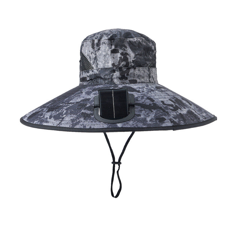 Wide-brimmed outdoor sun hat with solar-powered micro fan, breathable mesh and adjustable chin strap Stornfield