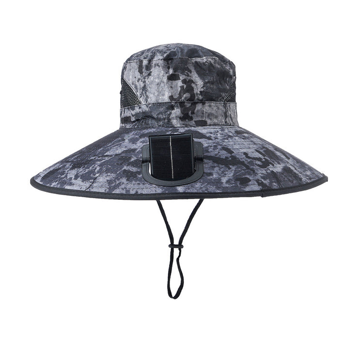 Wide-brimmed outdoor sun hat with solar-powered micro fan, breathable mesh and adjustable chin strap Stornfield