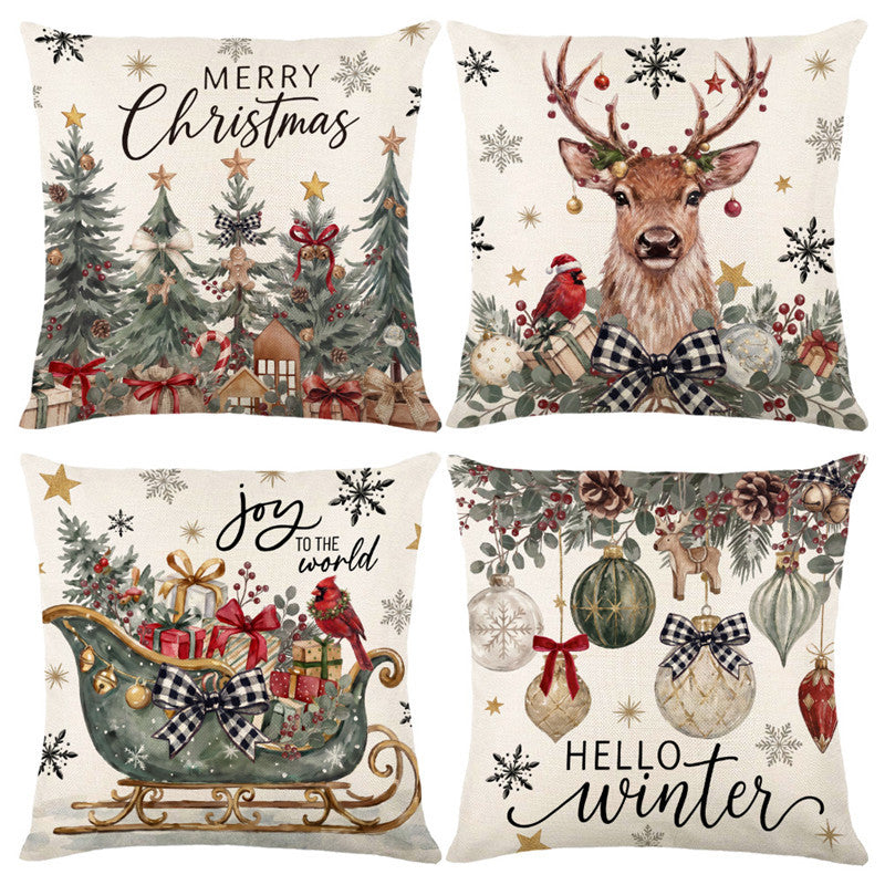Christmas Decorative Throw Pillow Cover Linen-Cotton Blend Festive Tree Print