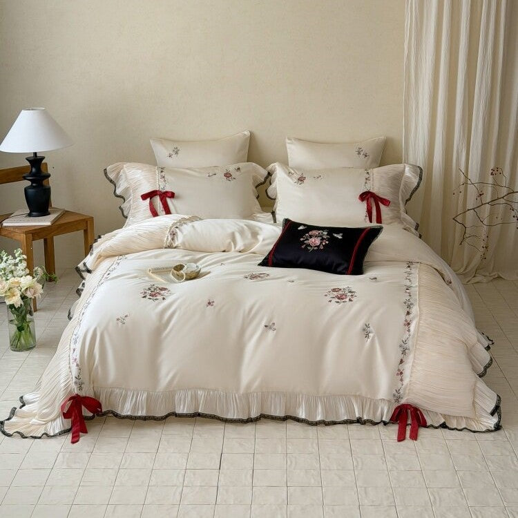 Exquisite cotton satin bedding set with floral embroidery, pleated ruffle and decorative bows