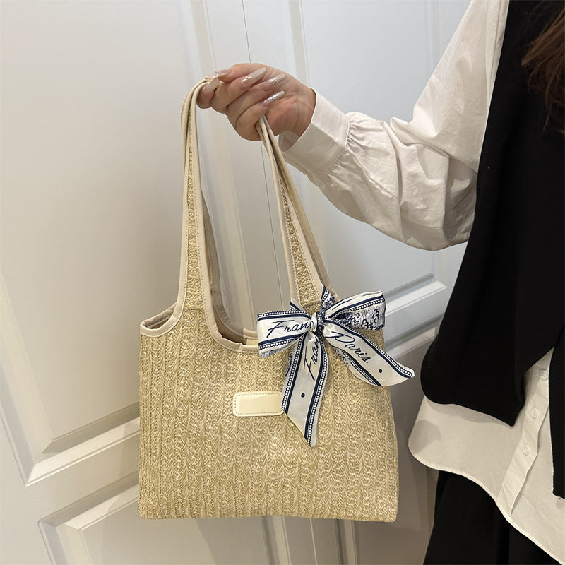 Textured Weave Tote Bag with Elegant Bow Stornfield