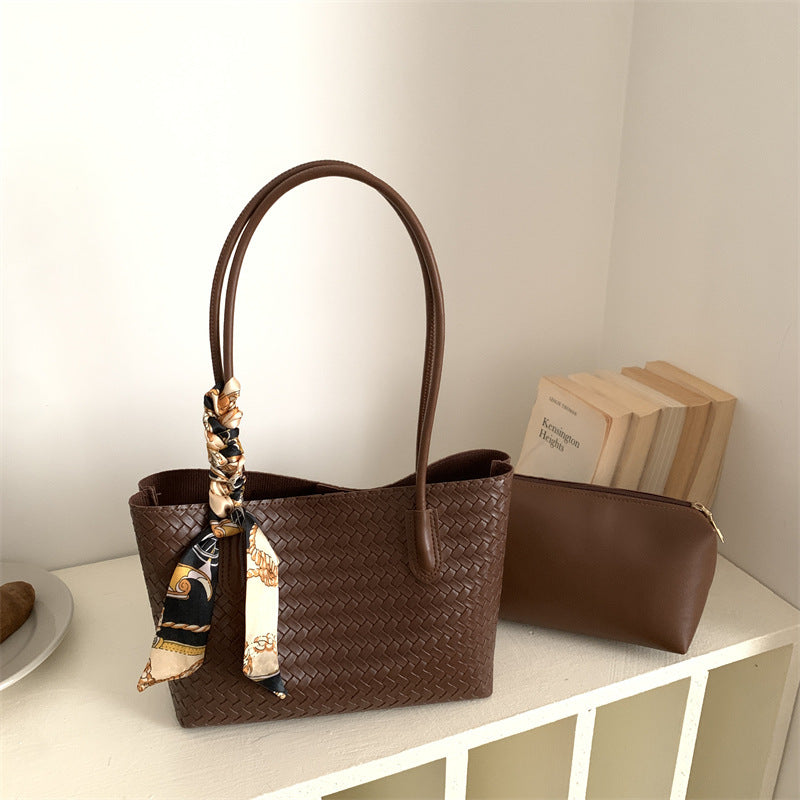 Woven Leather Tote Bag with Decorative Scarf