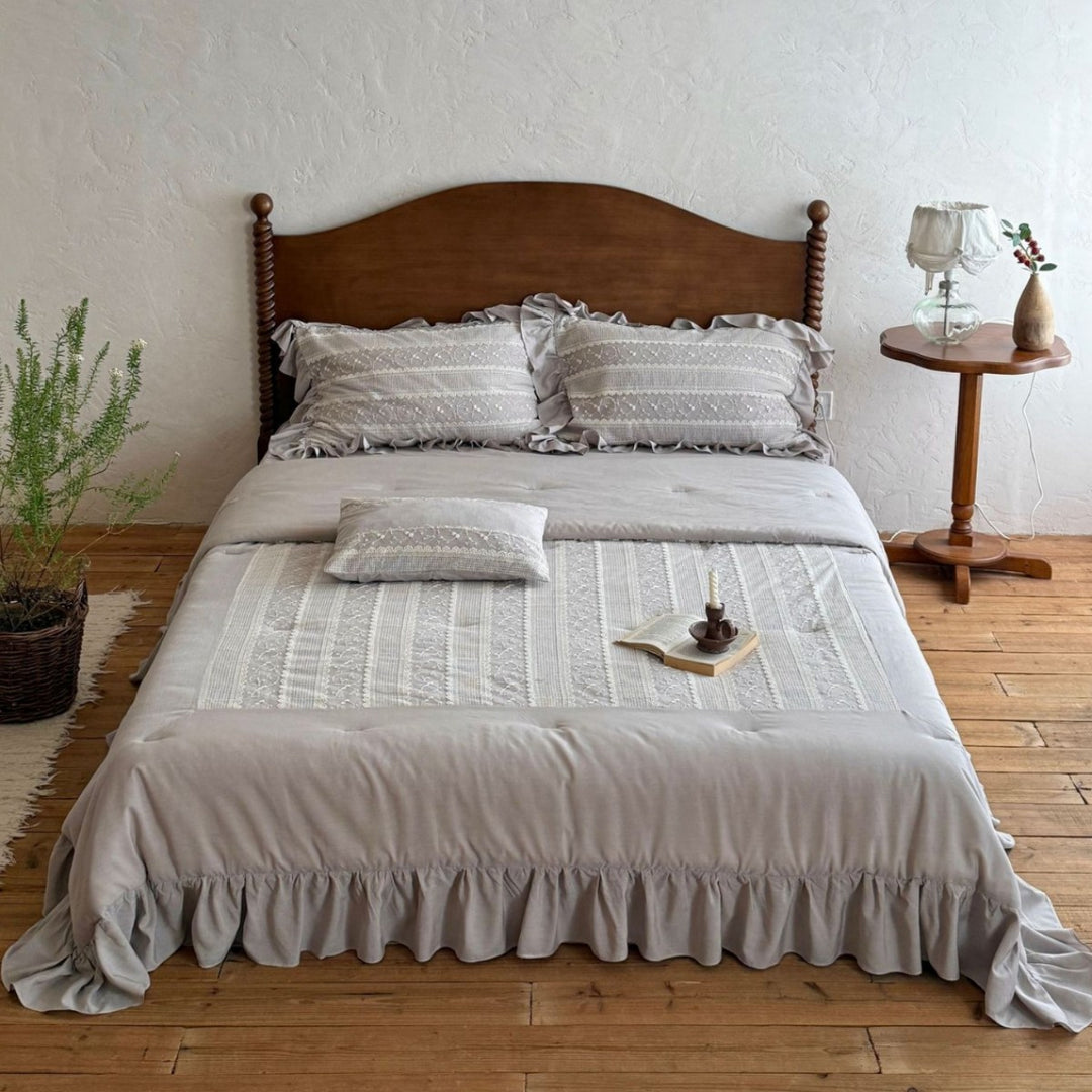 Ruffled Quilted Cotton Comforter & Pillow Sham Set