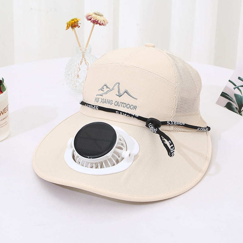 Ventilated outdoor sun hat with integrated solar fan detachable solar panel breathable mesh and adjustable chin strap Stornfield