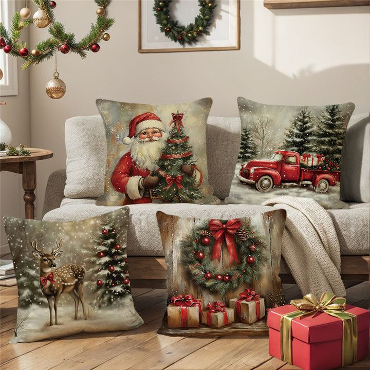 Festive Santa Illustration Cotton-Linen Square Throw Pillow Cover