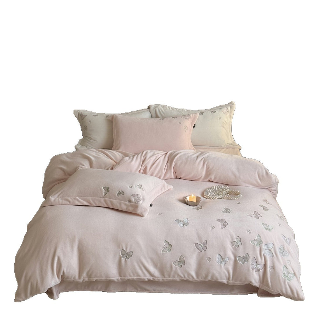 Embroidered Butterfly Plush Microfiber Duvet Cover Set