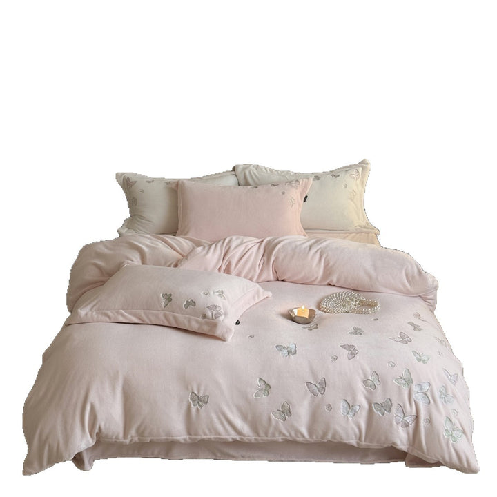 Embroidered Butterfly Plush Microfiber Duvet Cover Set
