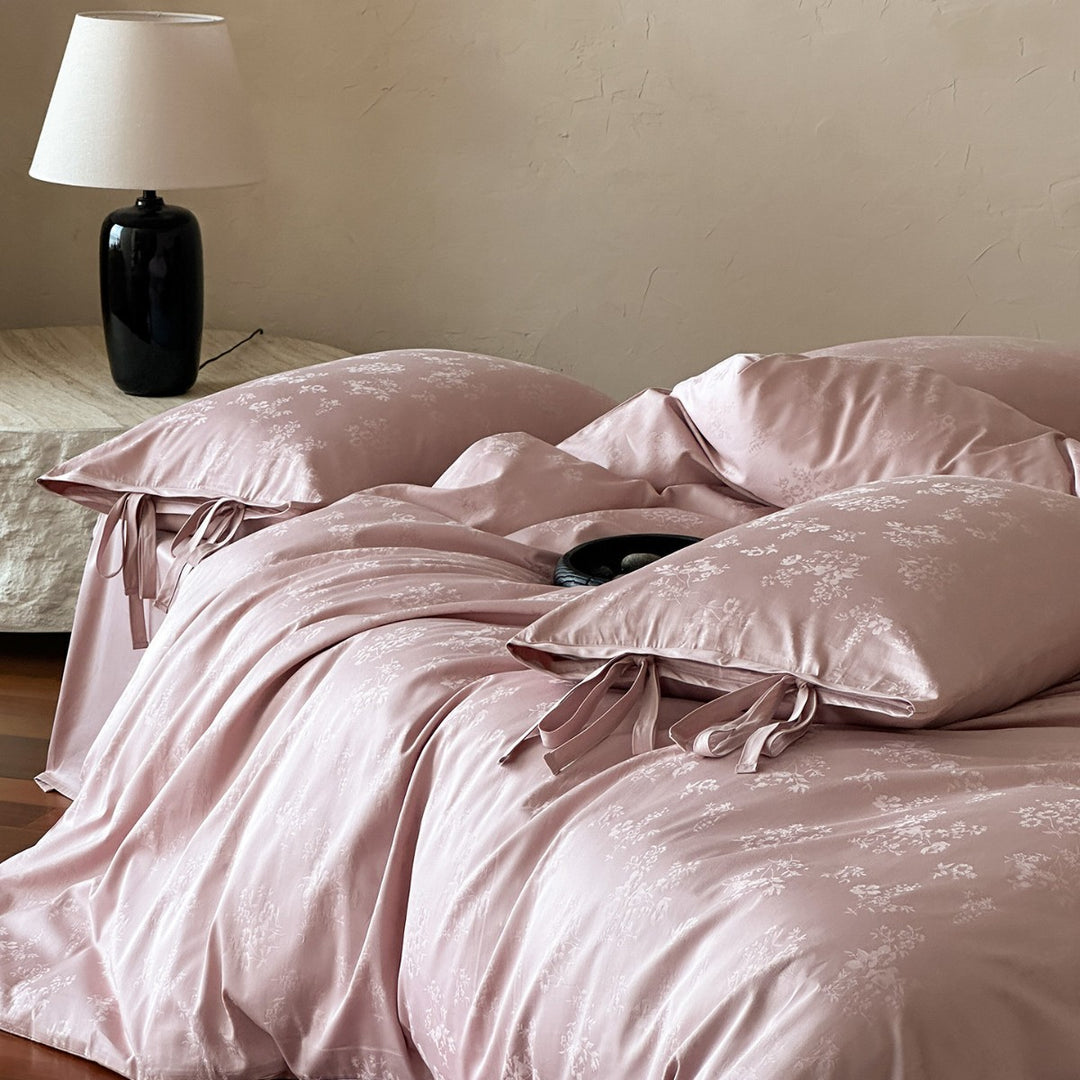 Luxury Floral Satin Duvet Cover Set with Ribbon-Tie Pillowcases