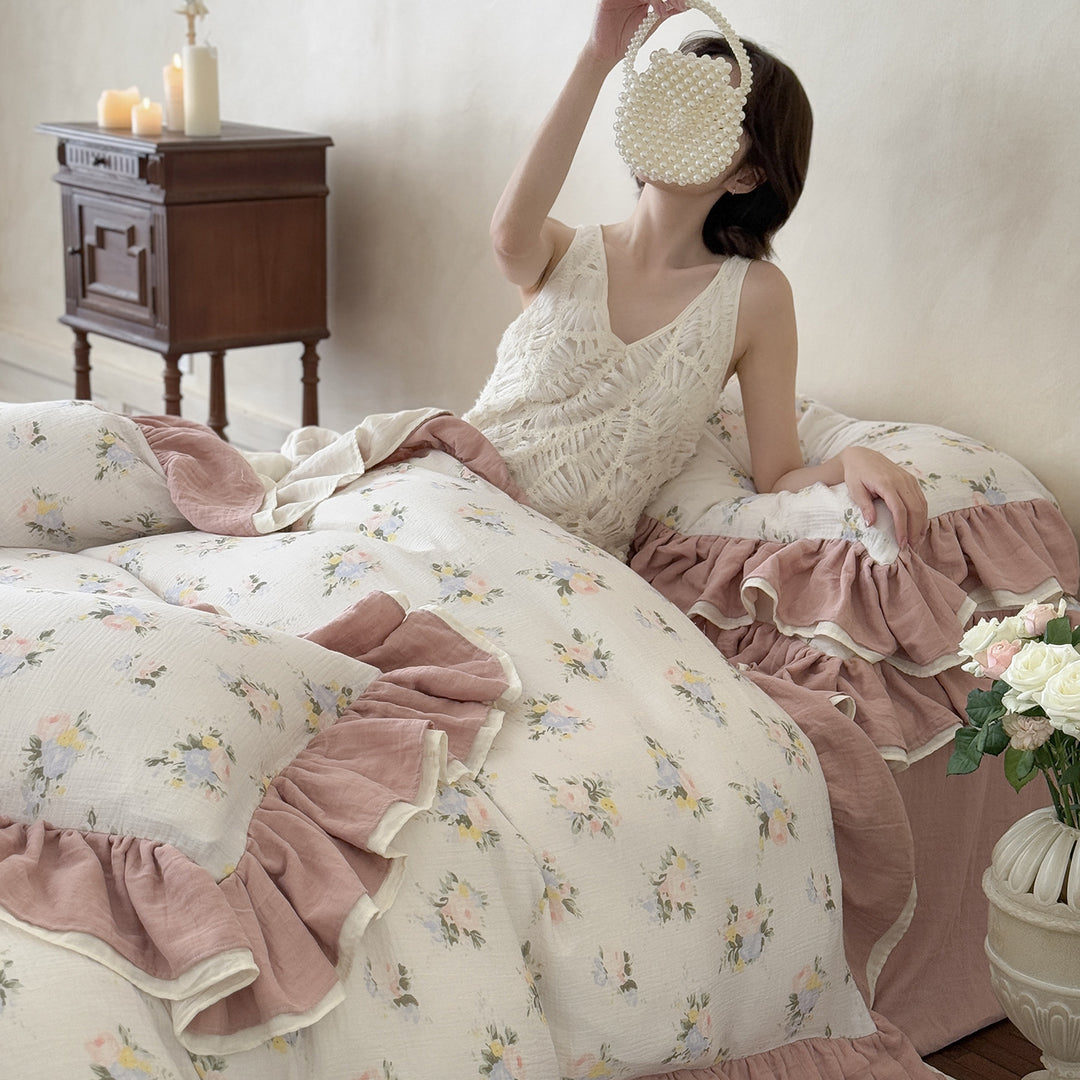 Quilted Floral Ruffled Duvet Cover Set with Pillow Shams and Layered Ruffle Hem