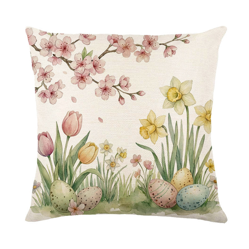 Easter Blossom Linen Throw Pillow Cover with Watercolor Eggs
