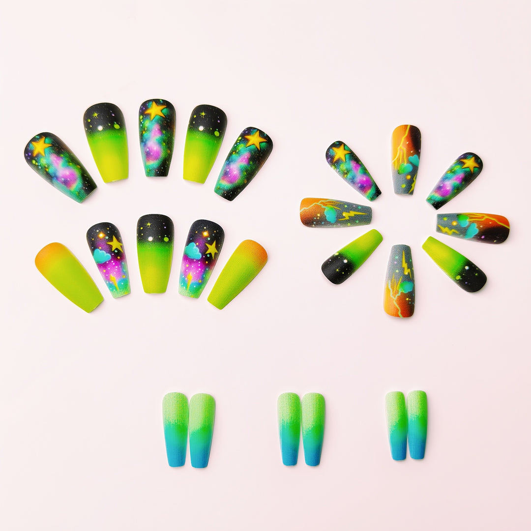 Creative acrylic nails with neon galaxy design Stornfield