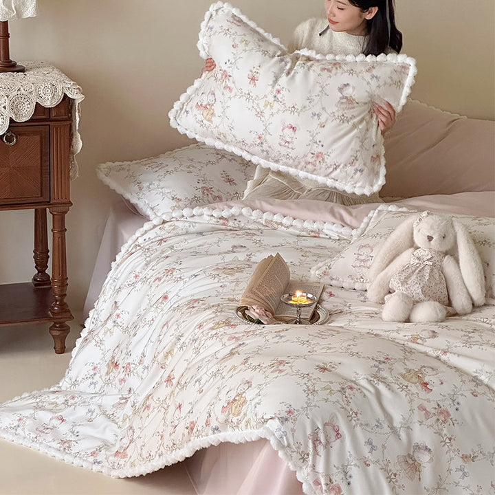 Plush Cotton Duvet Cover Set with Pom-Pom Edge and Whimsical Nursery Print
