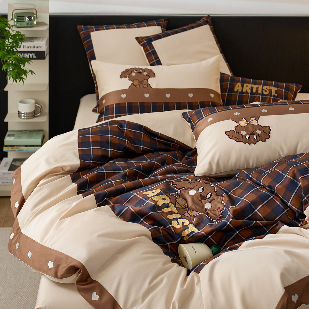 Plaid Cotton Sateen Duvet Cover Set with Embroidered Cartoon Dog and Matching Pillow Shams