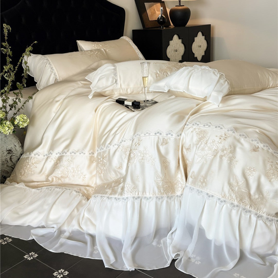 Embroidered Satin-Blend Duvet Cover Set with Layered Ruffled Bedskirt and Lace-Trim