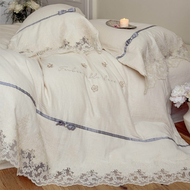 Romantic Lace-Edged Embroidered Duvet Cover Set with Satin Ribbon Trim & Scalloped Hem