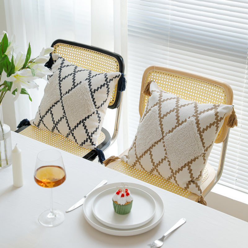 Decorative Boho cushion cover with hand-tufted diamond relief, tassels, and woven cotton blend Stornfield