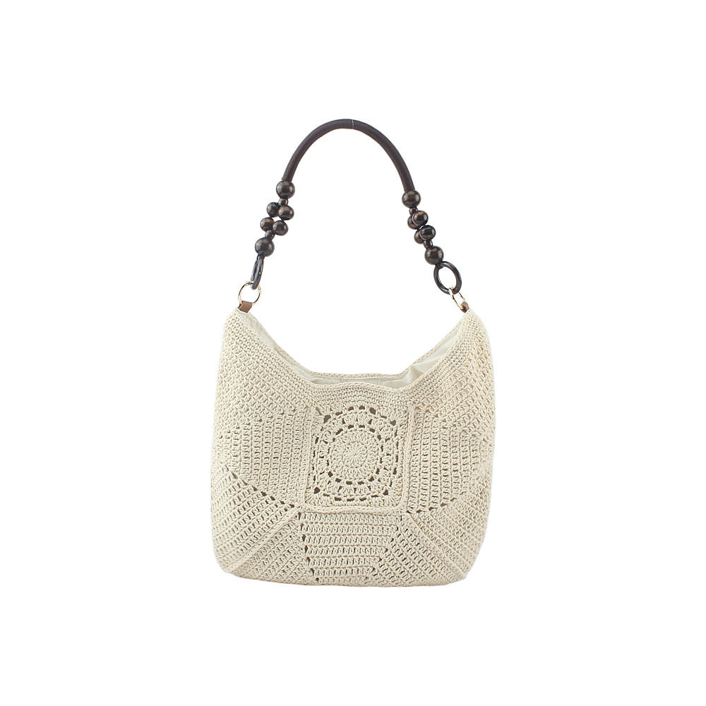 Crochet handbag with elegant wooden handles Stornfield