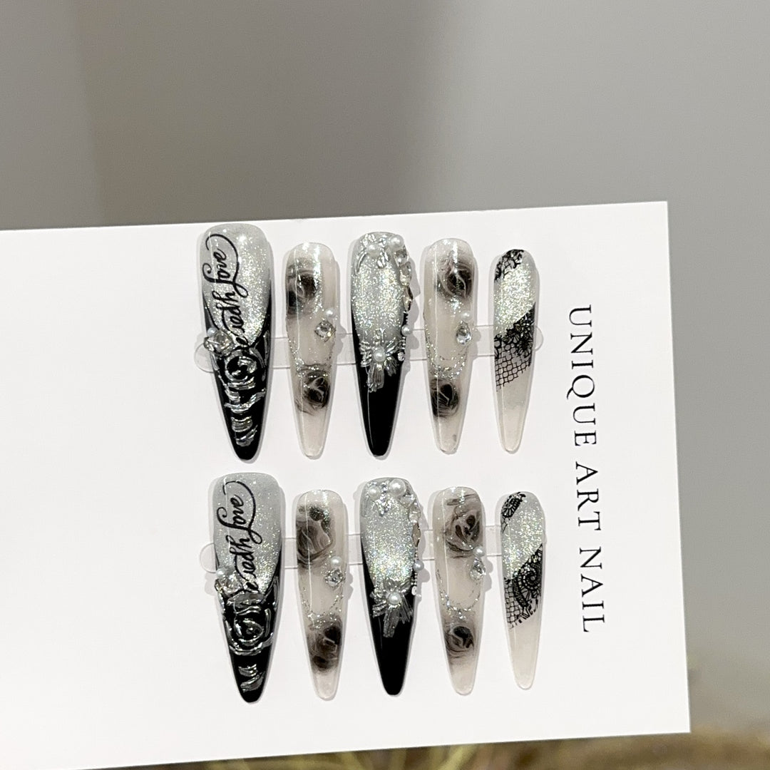 Elegant Stiletto Press-On Nail Art Set with Floral and Gemstone Accents