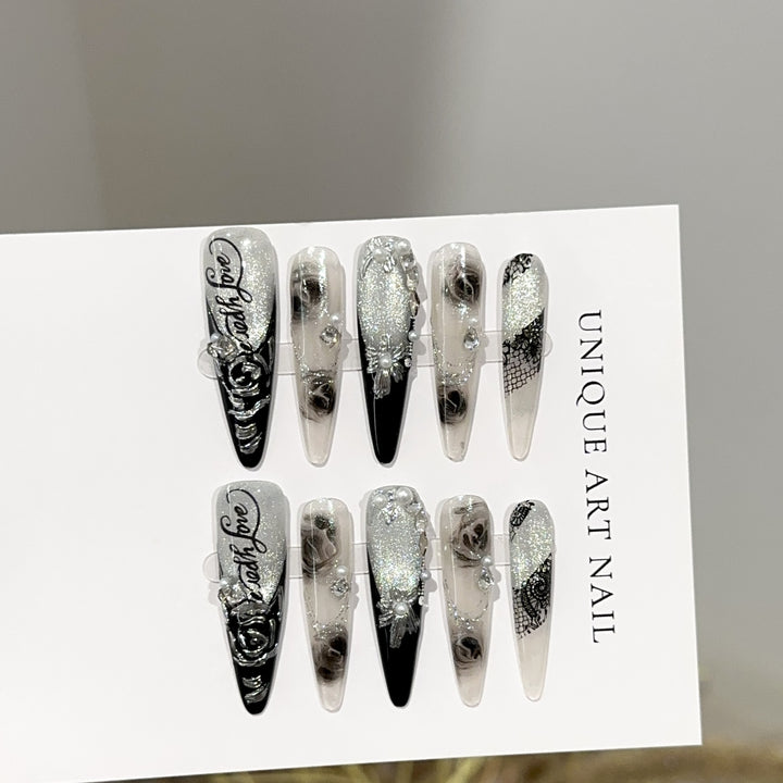 Elegant Stiletto Press-On Nail Art Set with Floral and Gemstone Accents