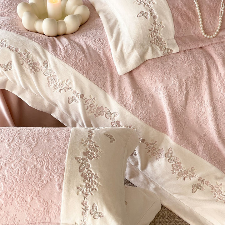 Embroidered Quilted Cotton-Sateen Duvet Cover Set with Floral & Butterfly Motif
