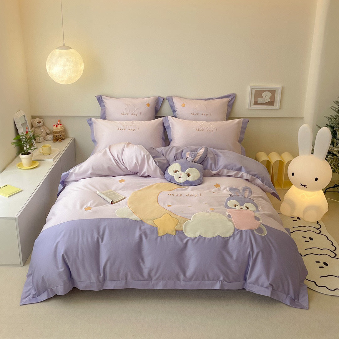 Embroidered Cartoon Rabbit Cotton Sateen Duvet Cover Set with Plush Accent Pillow
