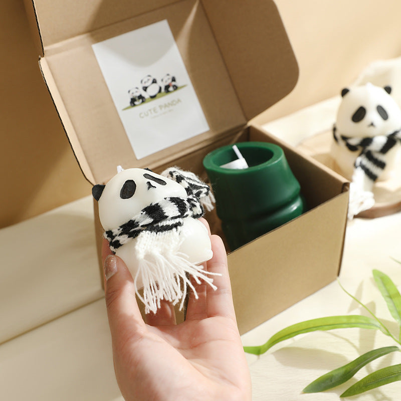 Panda Sculptural Scented Soy Candle Gift Set with Silicone Holder & Knit Scarf