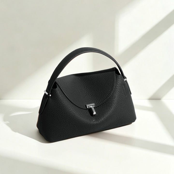 Curved Envelope Top-Handle Pebbled Satchel with Removable Crossbody Strap