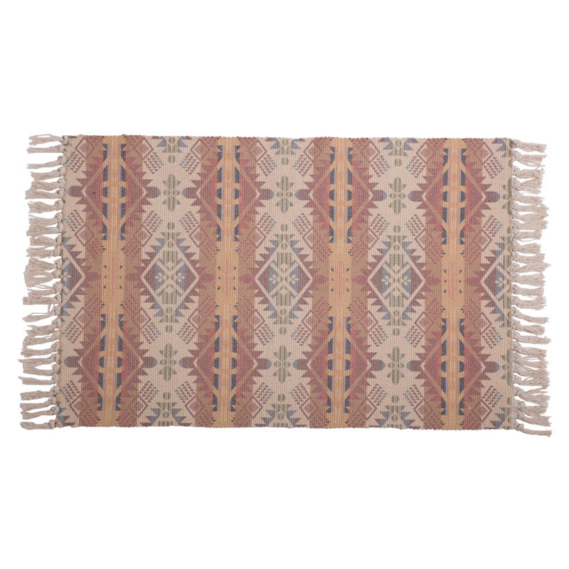Handwoven cotton table runner with mandala jacquard and decorative fringes