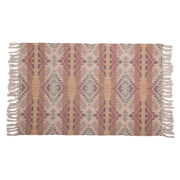 Handwoven cotton table runner with mandala jacquard and decorative fringes