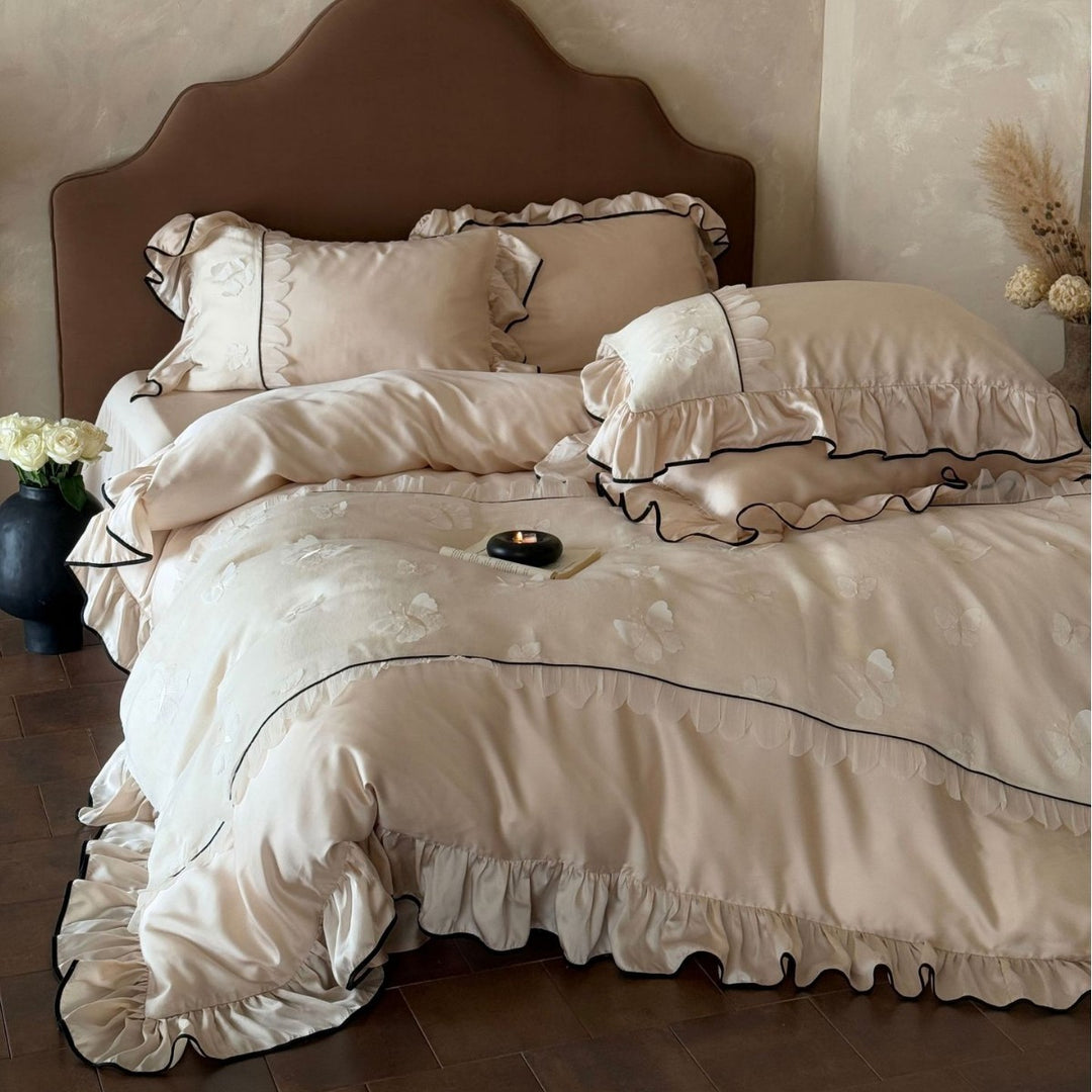Luxurious Ruffled Bedding Set with Embroidered Butterflies