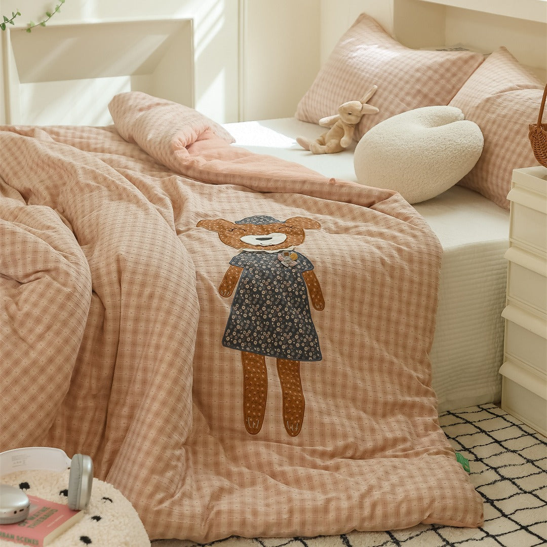 Children's Quilted Gingham Duvet Cover Set with Appliqué Bear Motif