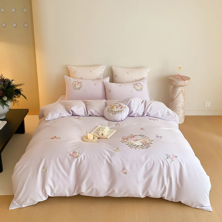 Pastel Botanical Embroidered Duvet Cover Set with Decorative Round Cushion