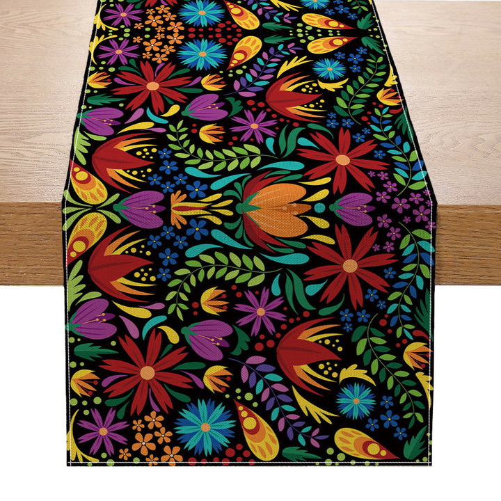 Folk Floral Table Runner Cotton-Blend Decorative Table Linen