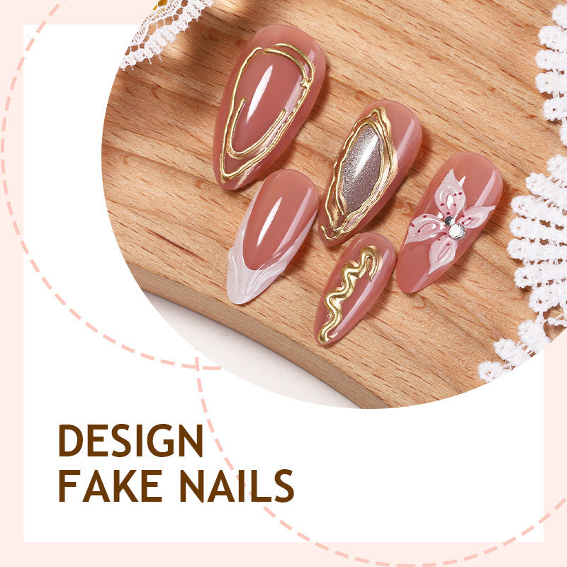 Artificial nail set with elegant blooming designs and golden accents Stornfield