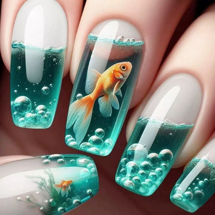 Artificial nails with 3D water drops and fish design Stornfield