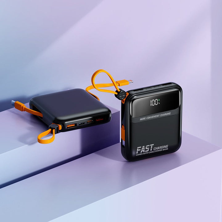 Compact power bank with integrated cable management and digital charge level display Stornfield