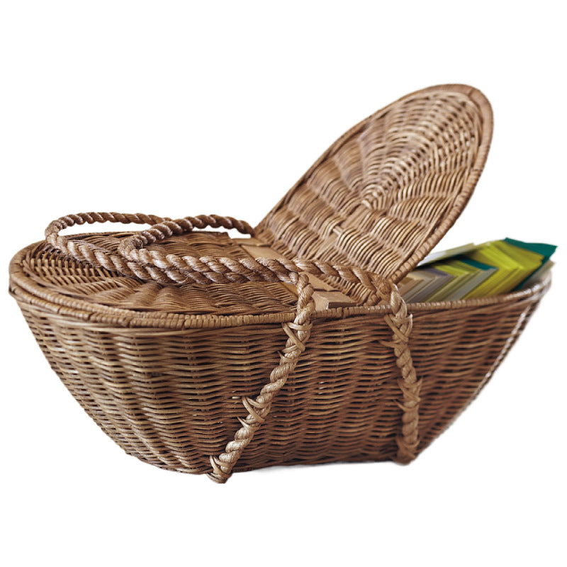 Practical storage basket with lid made of woven natural material Stornfield