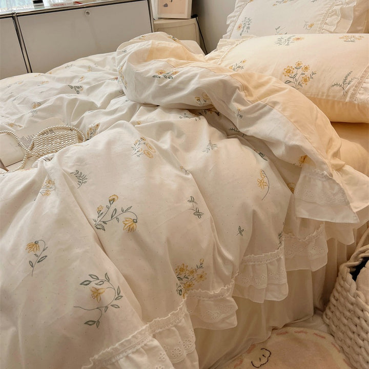 Ruffled Floral Lace-Trim Duvet Cover Set with Pillow Shams
