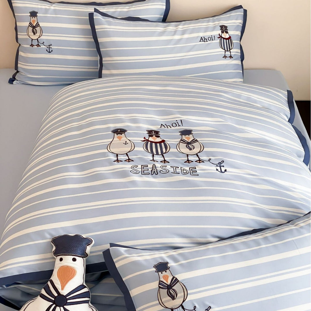 Seaside Stripe Cotton Sateen Duvet Cover Set with Embroidered Seagull Pillow Shams