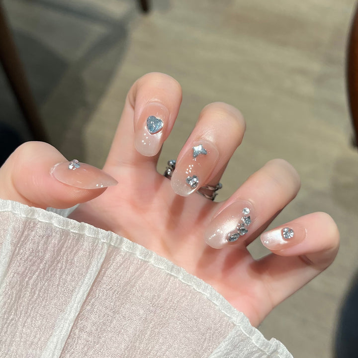Heart-Shaped Crystal-Embellished Press-On Nail Art Stornfield