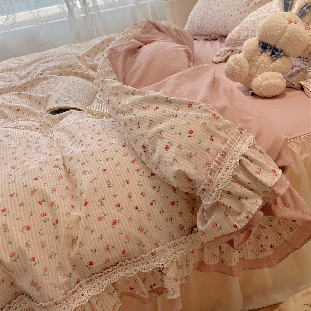 Ruffled Floral Lace-Trim Duvet Cover Set with Pillow Shams