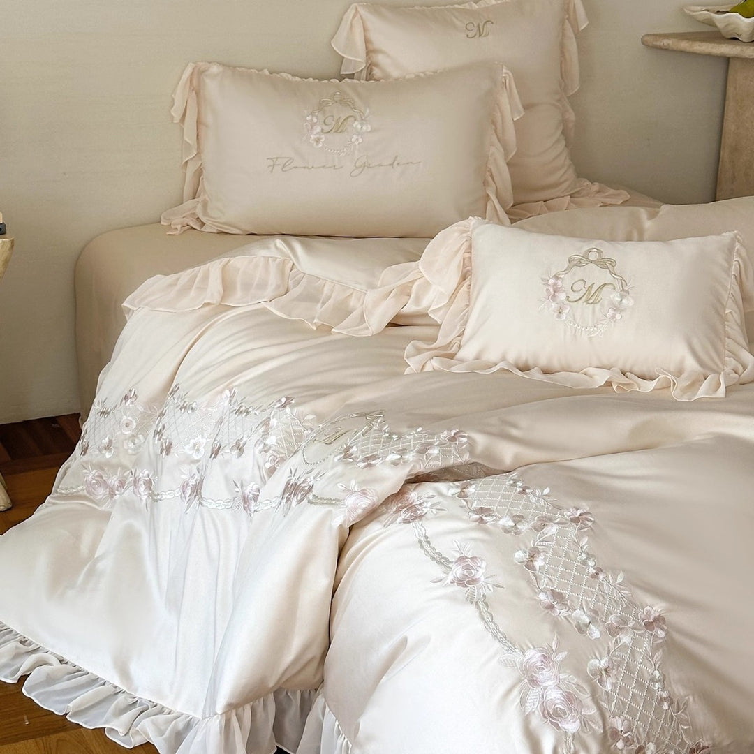 Romantic Ruffle-Trim Satin-Blend Floral Embroidered Duvet Cover Set