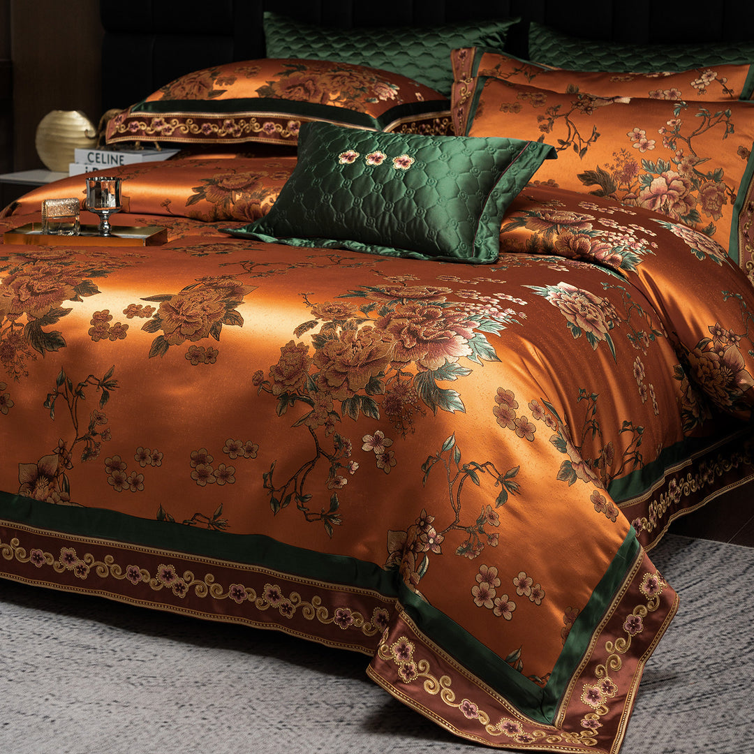 Luxury Satin Floral Jacquard Duvet Cover Set with Quilted Accent Pillow