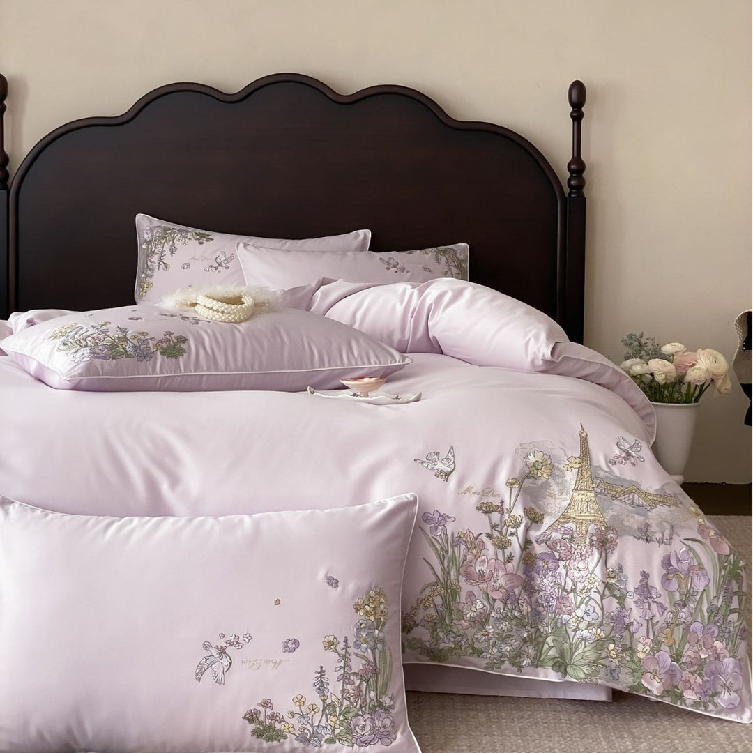 Elegant cotton satin bedding set with fine floral embroidery and Paris motif