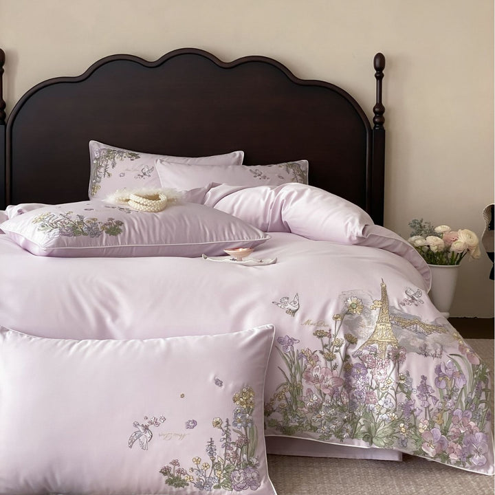 Elegant cotton satin bedding set with fine floral embroidery and Paris motif